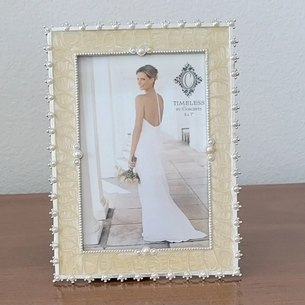 5x7 Pearl Embellished Picture Frame Cream Silver Wedding Cottage Chic Decor